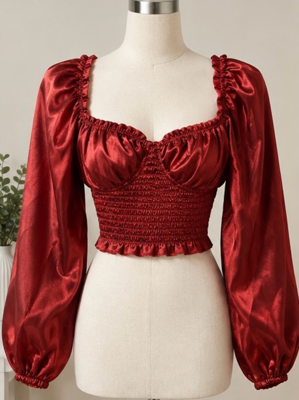 Satin Red Long-Sleeve Smocked Crop Top